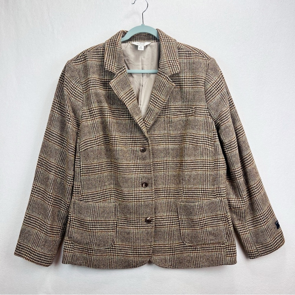 LL Bean Womens Plaid Wool Silk Blazer Size 3X Neutral Preppy Sports‎ Coat